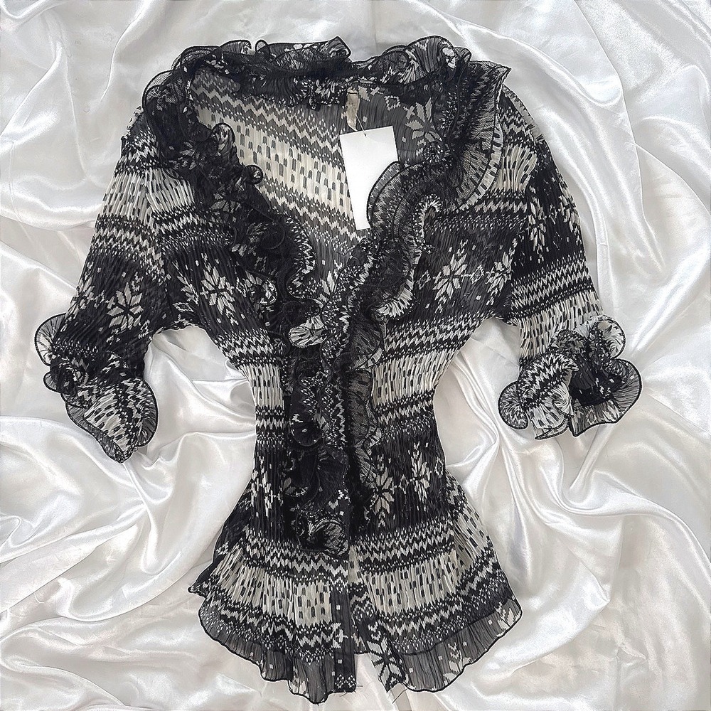 Daniel Jeans Black White Sheer Pleated Ruffle Blouse Snowflake Pattern Small